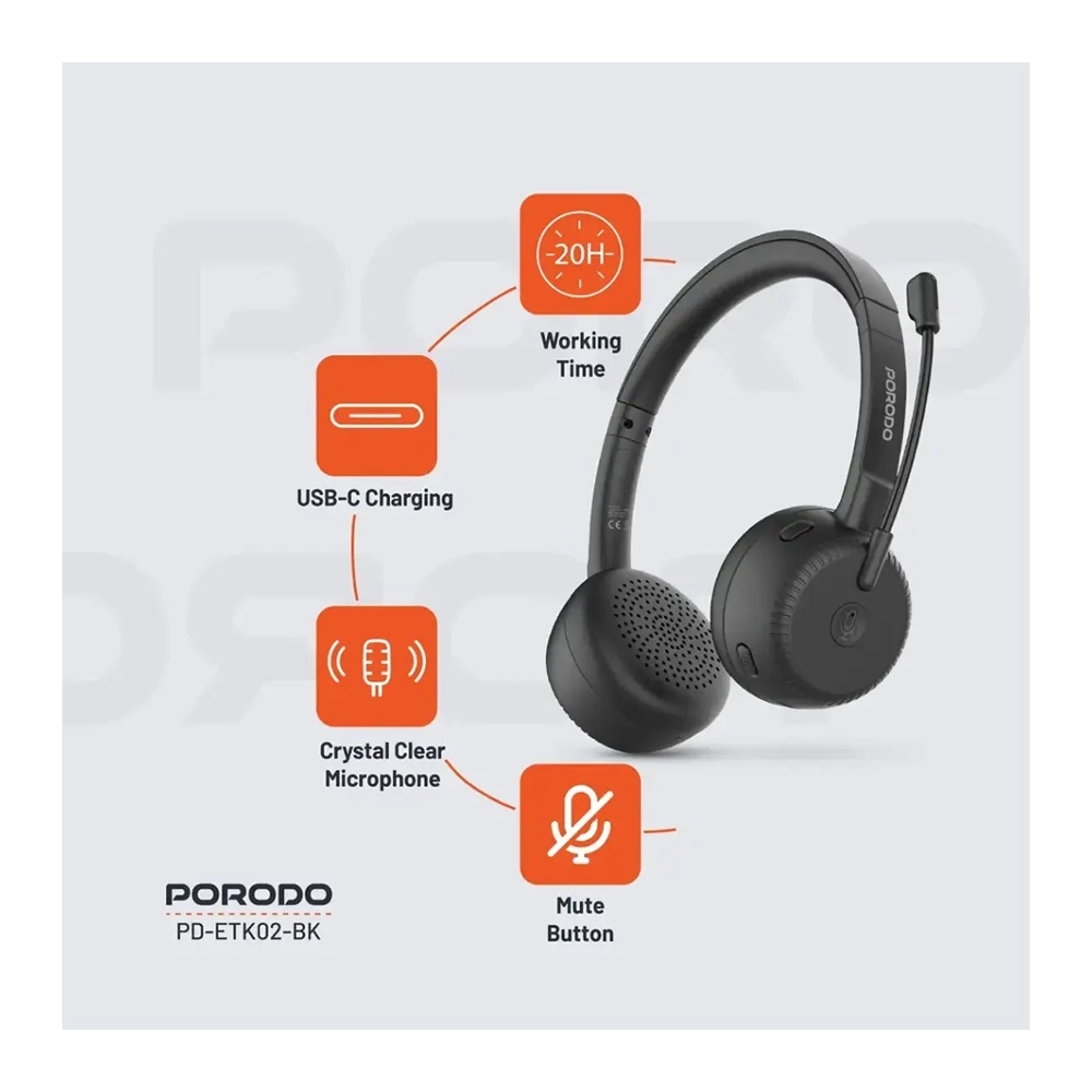 PORODO OFFICE BT WIRELESS HEADSET 20W – Black 6 PORODO OFFICE BT WIRELESS HEADSET 20W – Black - Image 6