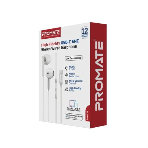 Promate Laxi‑S USB‑C Wired Earphones White – High Fidelity Stereo ENC Mic 3 Promate Laxi‑S USB‑C Wired Earphones White – High Fidelity Stereo ENC Mic - Image 3