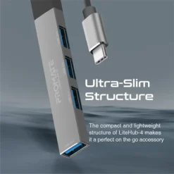 Alternative view of Promate LITEHUB‑4 USB‑C Hub 4× USB‑A 3.0 – Fast Data Adapter Blue