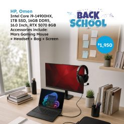 HP, Omen 16-AM0005NE,Core i9‑14900HX, 1TB, 16GB DDR5, 16.0, RTX 5070 8GB, Gaming Mouse, Headset, Bag, Monitor