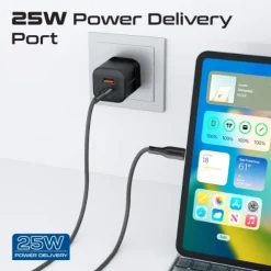 Alternative view of Promate 25W Dual Port Adapter Combo with 60W Fast Charging USB-C Cable