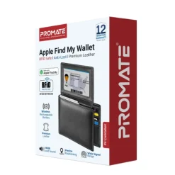 Promate Anti-Loss Slim Leather Wallet with RFID Protection & Smart Tracking, BLACK